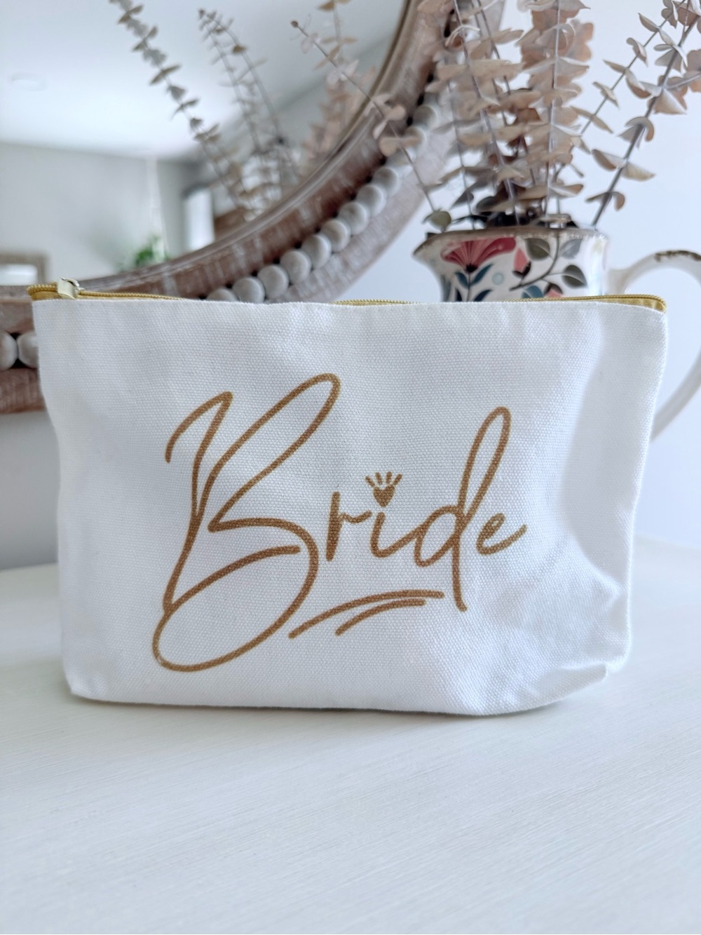 ✨ Bride Canvas Cosmetic Bag White Gold Script Bridal Makeup Travel Pouch ✨